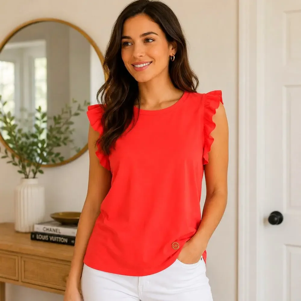 Michael Kors Top Blouse Ruffled Cap Sleeve Crewneck Orange Red Size XL